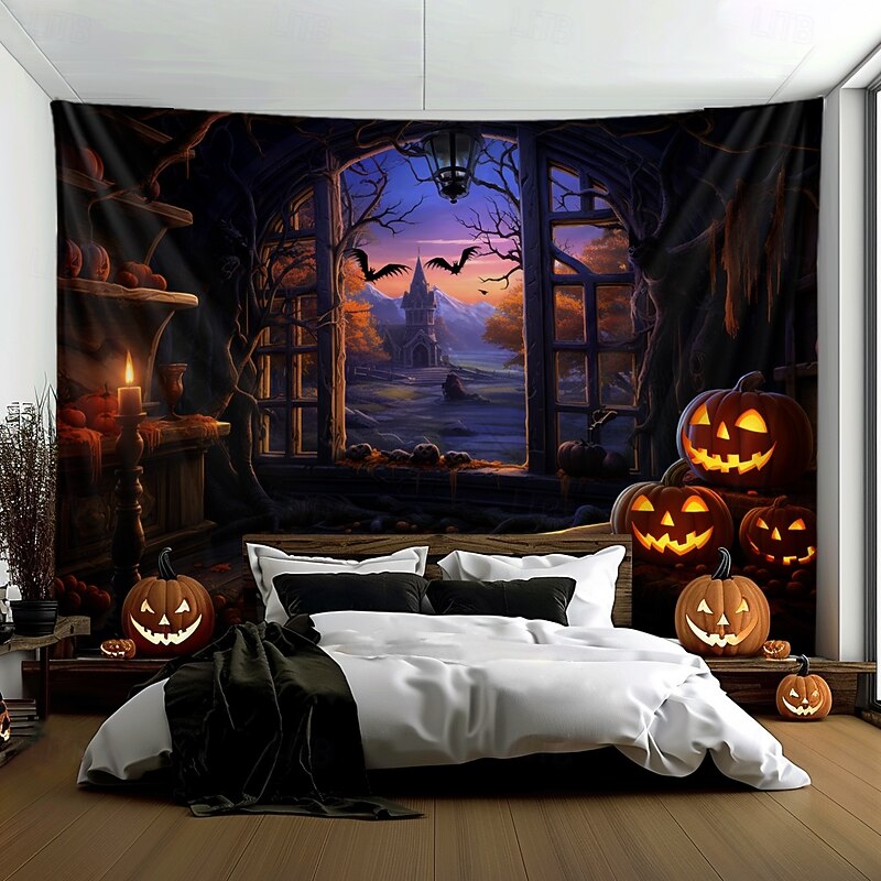 Halloween Decorations Pumpkins Window Hanging Tapestry Wall Art Large Tapestry Mural Decor Photograph Backdrop Blanket Curtain Home Bedroom Living Room Decoration 6