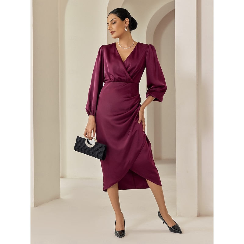Women's Satin Dress Elegant Dress Burgundy 3/4 Length Sleeve Solid Color Ruched Wrap Spring &  Fall Cross-Seasons Elegant Party / Evening Party S M L4