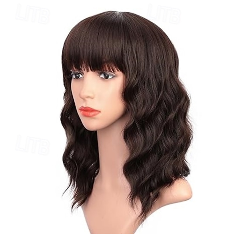 Wigs with Bangs for Women Synthetic Curly Bob Wig for Girl Natural Looking Wavy Wigs3