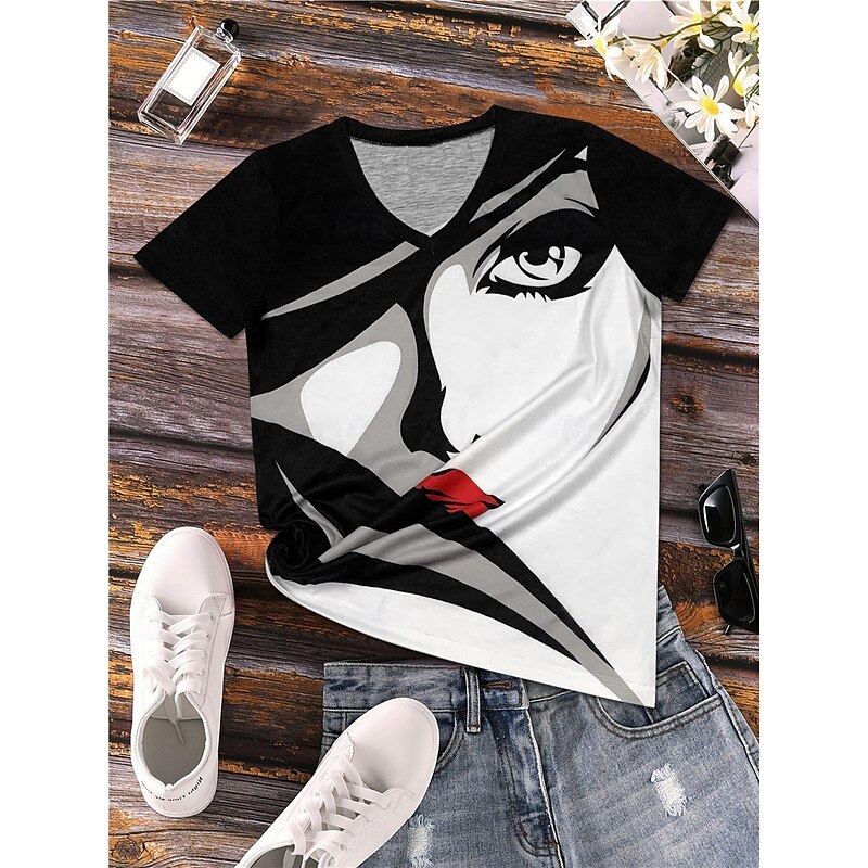 Women's T shirt Crew Neck Long Sleeve Tunic Casual Print Short Sleeve Regular Tops Daily Black Summer3