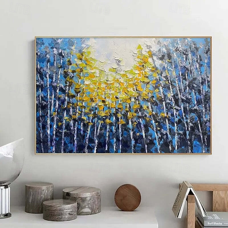 Pure 100% Hand Painted forest Oil Painting hand painted Blue Forest Nordic Abstract Decorative Painting for Living Room bedroom artwork Porch Canvas Art Atmospheric Mural oil painting