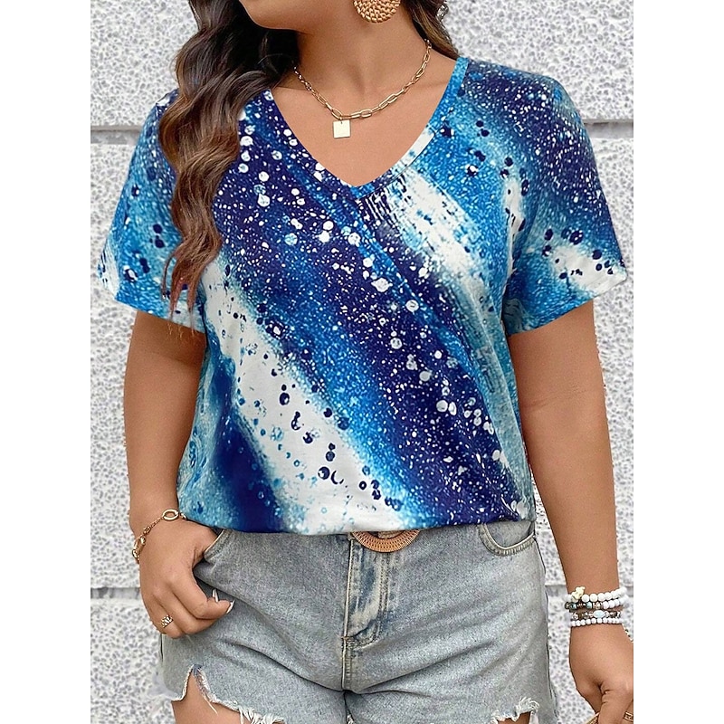 Women's T Shirt Casual Print Short Sleeve Regular Tops V Neck Daily Red Blue Purple Green Spring Fall4