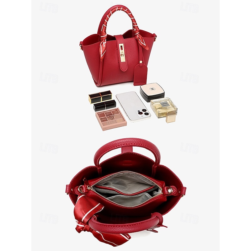 Women's Red Faux Leather Handbag with Matching Pouch, Scarf Handle, and Gold-Tone Lock - Versatile Top-Handle Satchel for Daily Use3