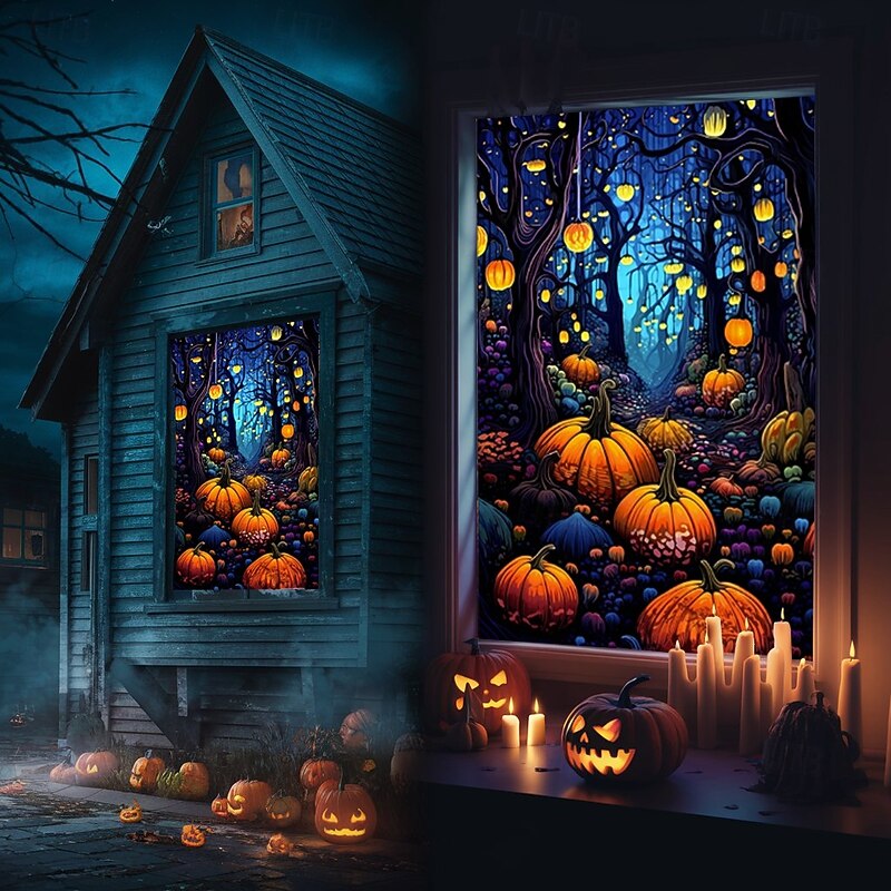 Window Cover Decorations, Fabric Folk Art Pumpkins Curtain Horror Movie Poster Window Door Covering Decor for Haunted House, Window Clings Decals Indoor Outdoor