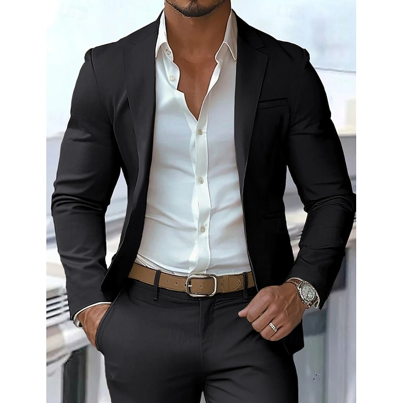 Men's Blazer Jacket Outdoor Office / Career Casual Pocket Neutral All Seasons Polyester Solid Color Pocket Buttons Single Breasted Blazer Black Burgundy Dark Navy khaki4