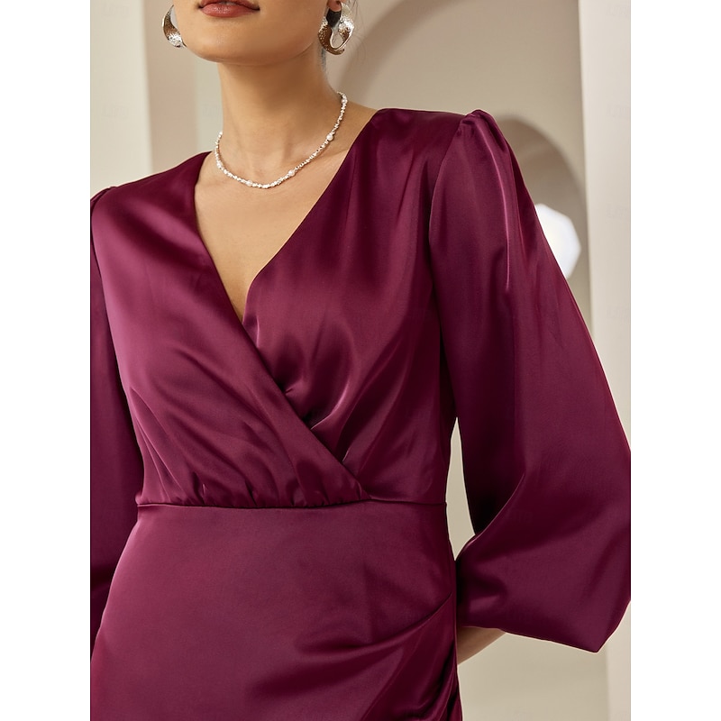 Women's Satin Dress Elegant Dress Burgundy 3/4 Length Sleeve Solid Color Ruched Wrap Spring &  Fall Cross-Seasons Elegant Party / Evening Party S M L3