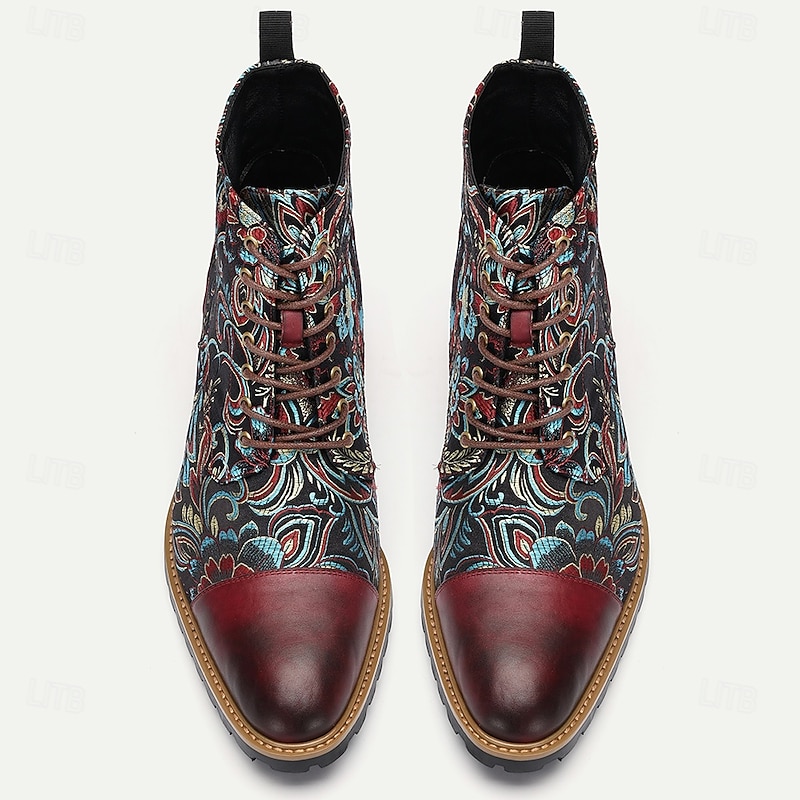 Men's Premium Leather Floral Oxford Boots – Vintage Paisley Design, Bohemian Lace-Up Ankle Boots, Perfect for Casual Outings & Formal Occasions 5