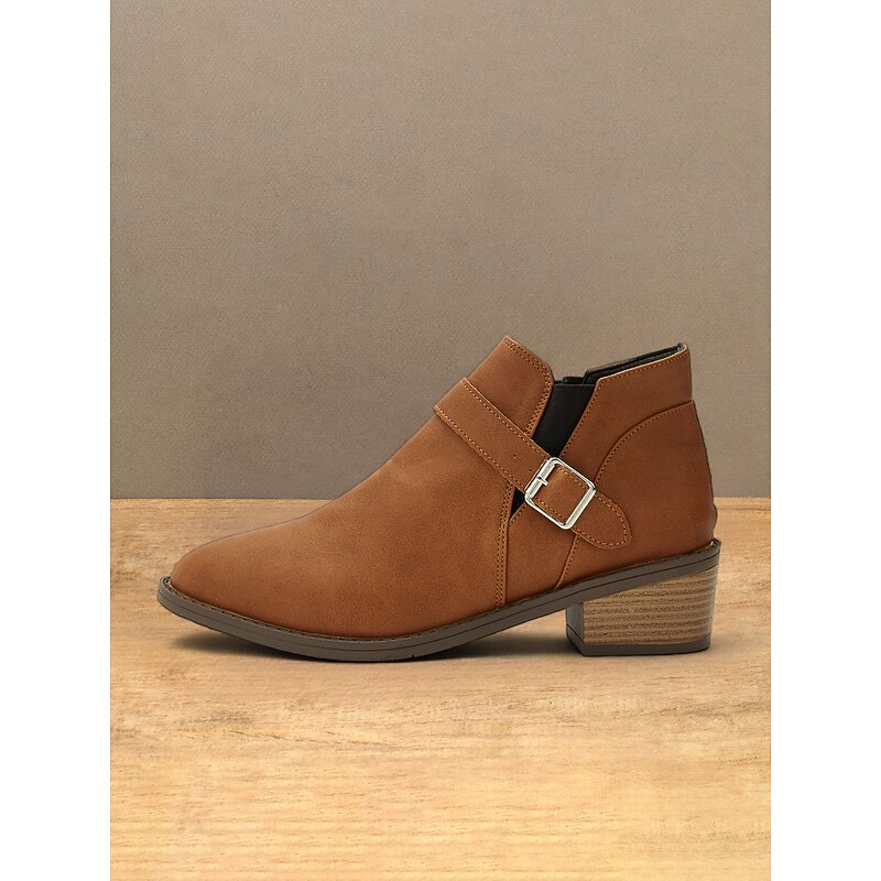 Women's Brown Faux Leather Ankle Boots with Buckle Detail in Western Style for Casual and Everyday Wear2