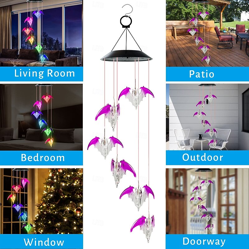 Bat Solar Wind Chimes for Outdoor, Waterproof Color-Changing LED Memorial Bat Wind Chimes Women Gifts for Mom, Automatic Light Sensor Windchimes Birthday Gifts for Party Yard Garden4