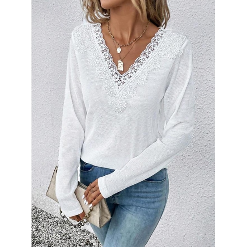 Women's White Elegant Lace Tops Eyelet Blouse Casual Lace Long Sleeve Regular Tops V Neck Daily Romantic Petite Tops Summer Holiday Wear White Spring Fall Semi Formal Blouses4