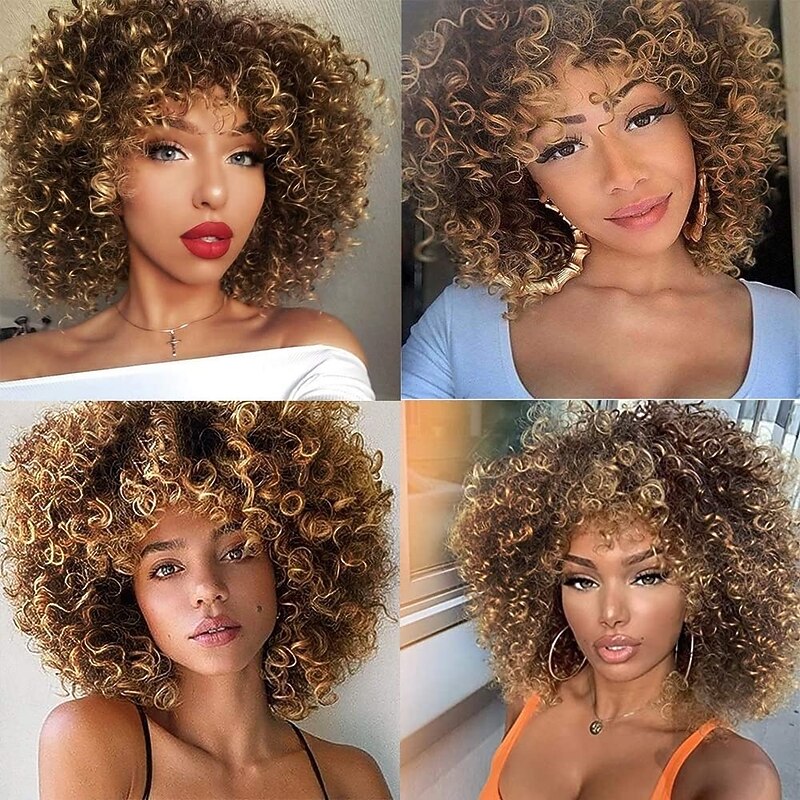 Afro Blonde Curly Wigs for Black Women,Kinky Blonde Wig With Bangs Synthetic Heat Resistant Hair for Daily Use4