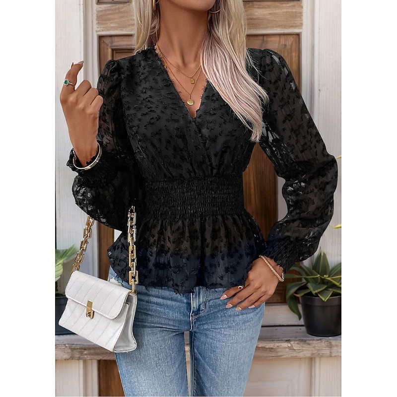 Women's Blouse Stylish Modern Long Sleeve Regular Tops V Neck Work Daily Black Spring Fall