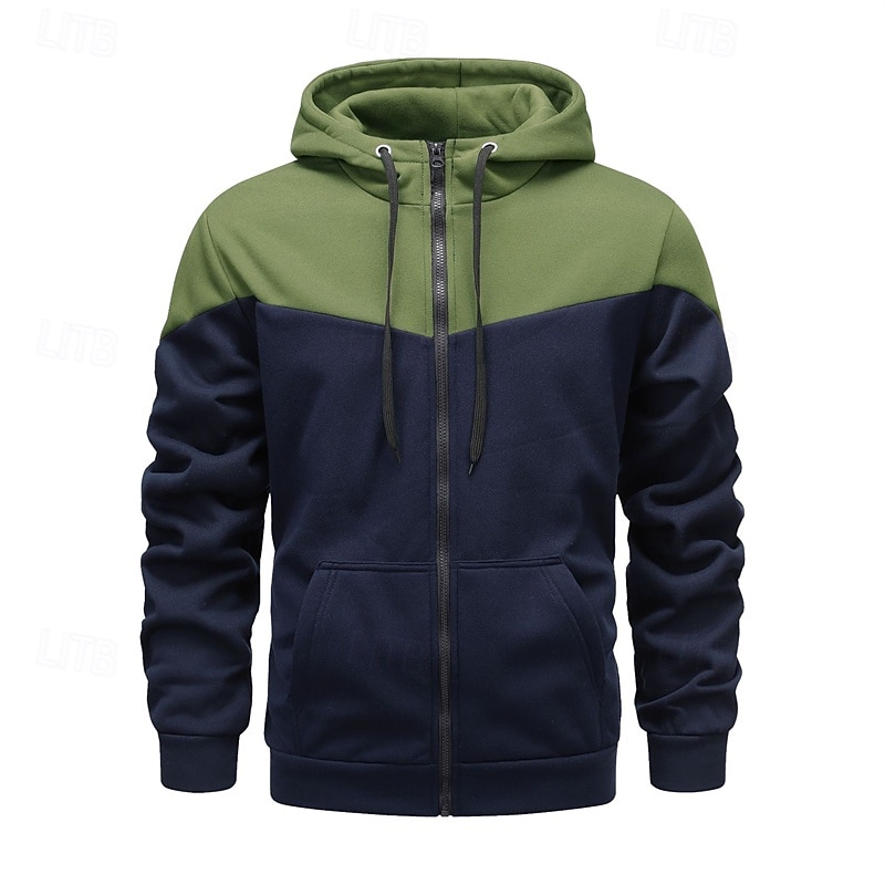 Men's Full Zip Hoodie Zip Up Hoodie Black Army Green Hooded Color Block Zip Up Patchwork Sports & Outdoor Daily Holiday Polyester Streetwear Basic Casual Spring &  Fall Clothing Apparel Hoodies
