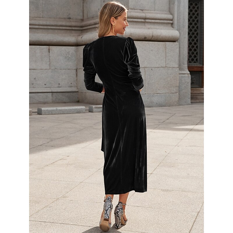 Women's Black Dress Velvet Ruched Maxi Dress Plain V Neck Long Sleeve Slim Fit Spring Fall Black2