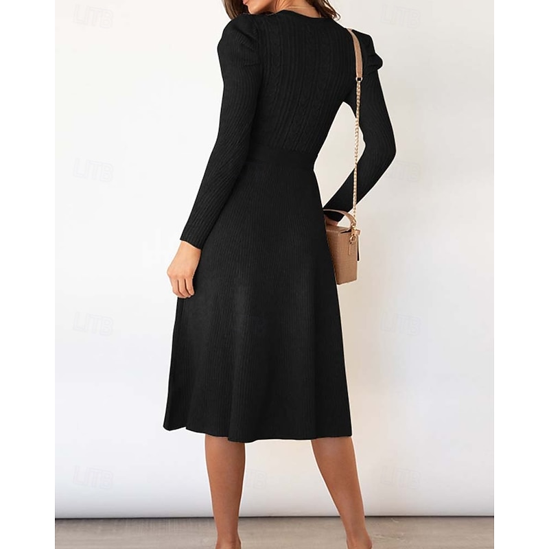 Women's Sweater Dress Fashion Elegant Dress Solid Color Ribbed Crew Neck Knitted Long Sleeve Regular Tops Knit Work Daily Black Green Fall Winter3