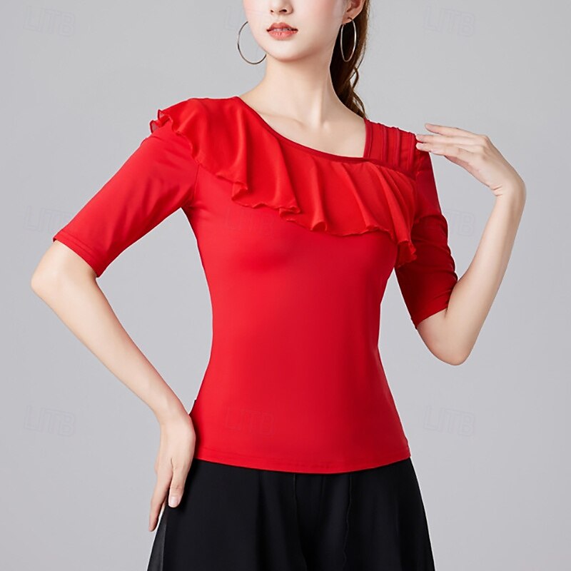 Latin Dance Top Ruffles Pure Color Splicing Women's Performance Training Half Sleeve High Nylon