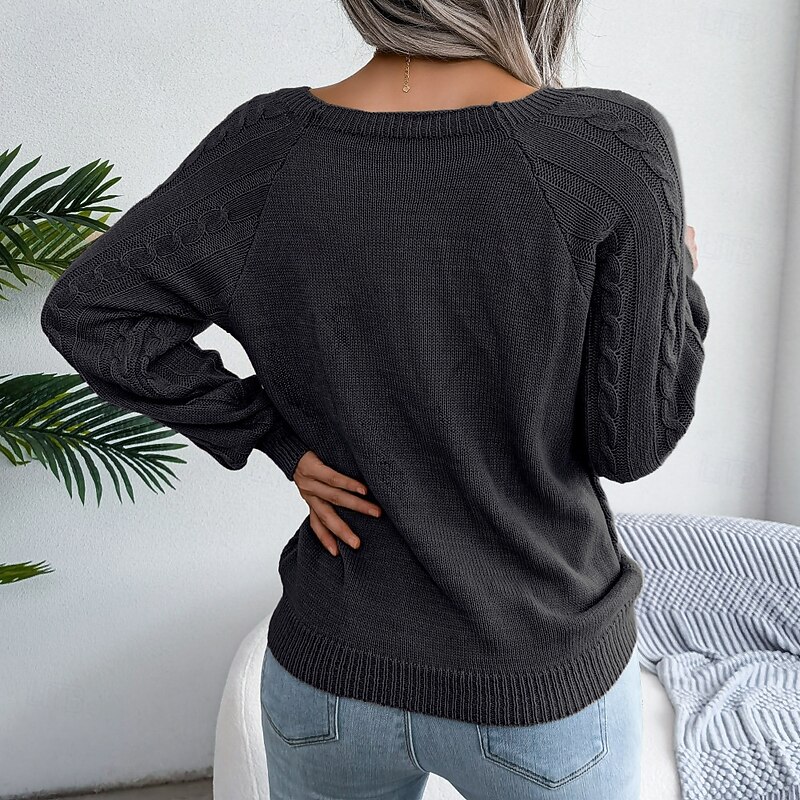 Women's Sweater Casual Soft Geometric Crew Neck Buttons Long Sleeve Regular Tops Knit Outdoor Daily Weekend Black Fall Winter3