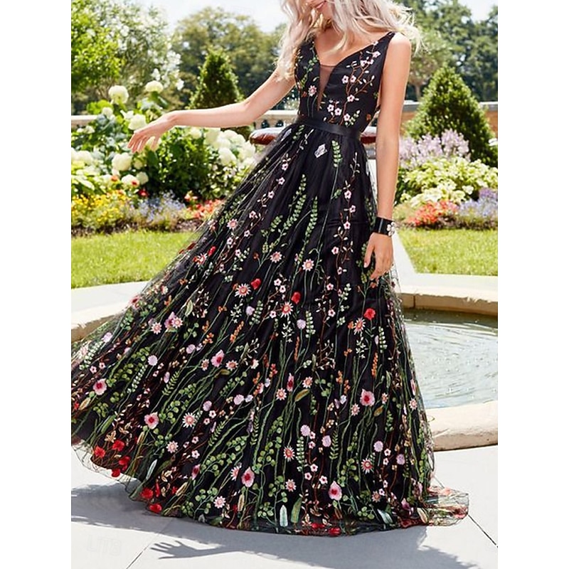 Women's Maxi Dress Black Dress Cocktail Dress Chiffon Dress Swing Dress Elegant Streetwear Maxi Party Wedding Guest Cocktail Party Regular Fit Sleeveless V Neck Black Summer