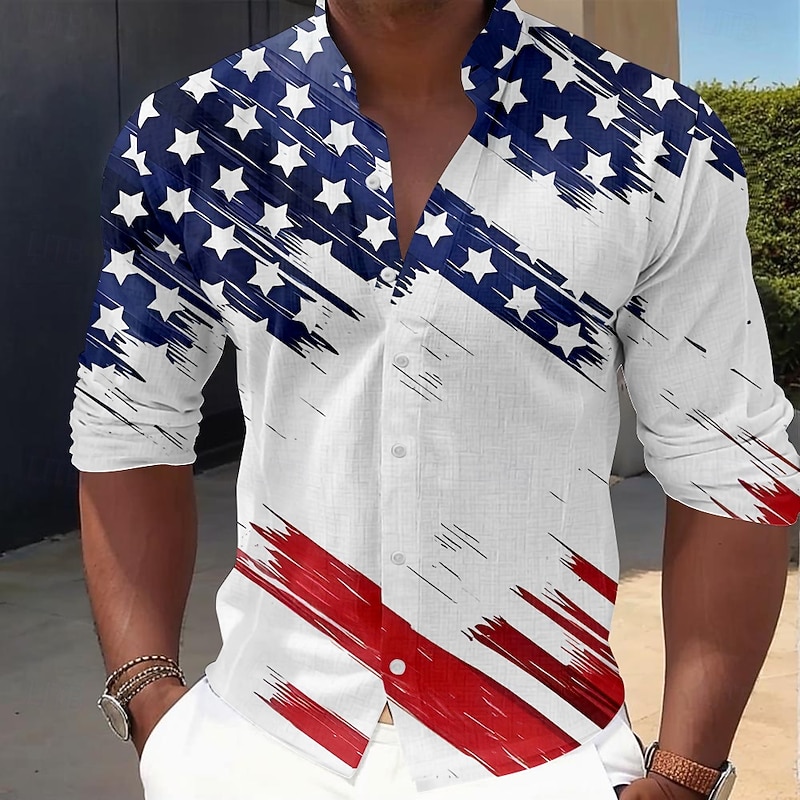 American Independence Day Men's American Flag Patriotic Button Up Shirt Long Sleeve Casual Vacation Daily Summer Spring &  Fall Grandad Collar Band Collar 3D Print Blue