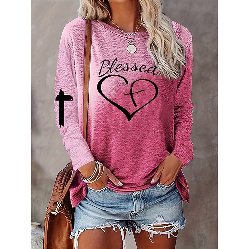 Women's T shirt Crew Neck Long Sleeve Tunic Casual Print Regular Tops Daily Pink Purple Gray Spring Fall4