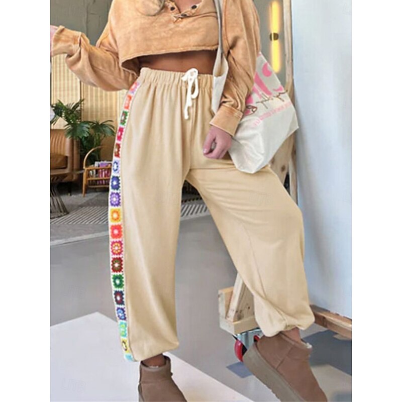 Women's Sweatpants Chinos Fashion Ethnic Style Full Length High Waist Floral Pocket Elastic Waistband Comfy Soft Comfortable Micro-elastic Outdoor Street Khaki Fall Winter Loose Fit