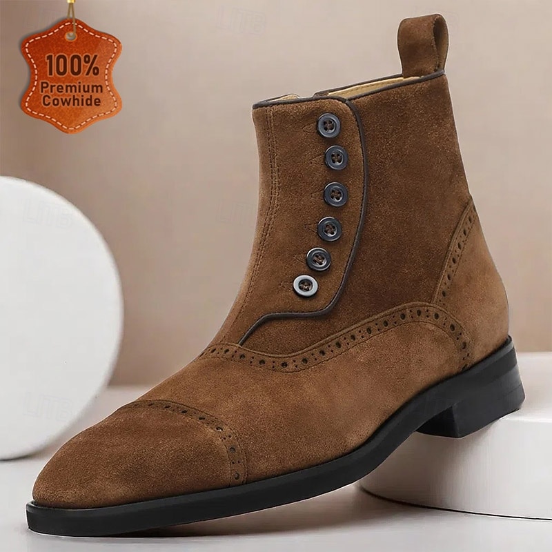 Men's Premium Cowhide Button-Up Suede Ankle Boots – Retro Brogue Design, Perfect for Vintage-Themed Events & Casual Outings