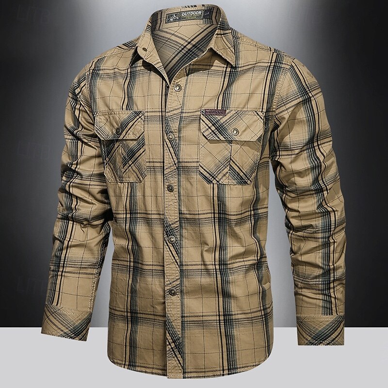 Men's Shirt Workwear Shirts Casual Shirt Work Shirt Button Up Shirt khaki Army Green Dark Blue Long Sleeve Plaid Lapel Vacation Holiday Front Pocket Clothing Apparel Polyester Fashion Casual2