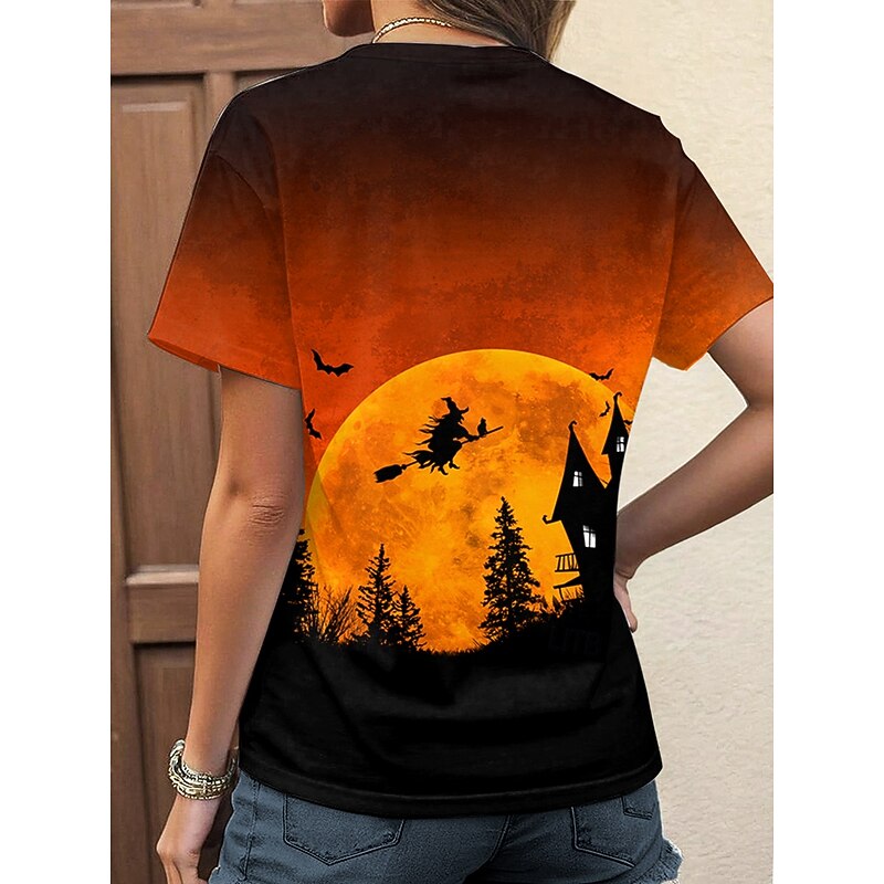 Halloween Women's T shirt Witch Tee Print Daily Casual Short Sleeve Crew Neck Round Neck Orange Summer2