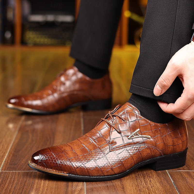 Men's Brown Crocodile Pattern Faux Leather Oxford Shoes - Elegant Lace-Up Dress Shoes for Formal and Business Wear3