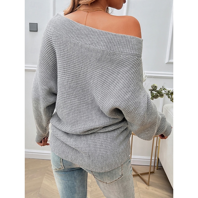 Women's Pullover Sweater Jumper Fashion Casual Solid Color Chunky Off Shoulder Beads Drop Shoulder Long Sleeve Regular Tops Knit Daily Khaki Gray Spring Fall3