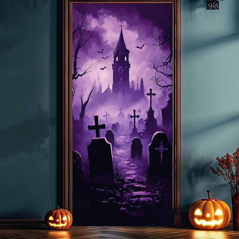 Halloween Door Decorations Door Covers Purple Graveyard Door Tapestry Door Curtain Decoration Backdrop Door Banner for Front Door Farmhouse Holiday Party Indoor Outdoor Decor Supplies