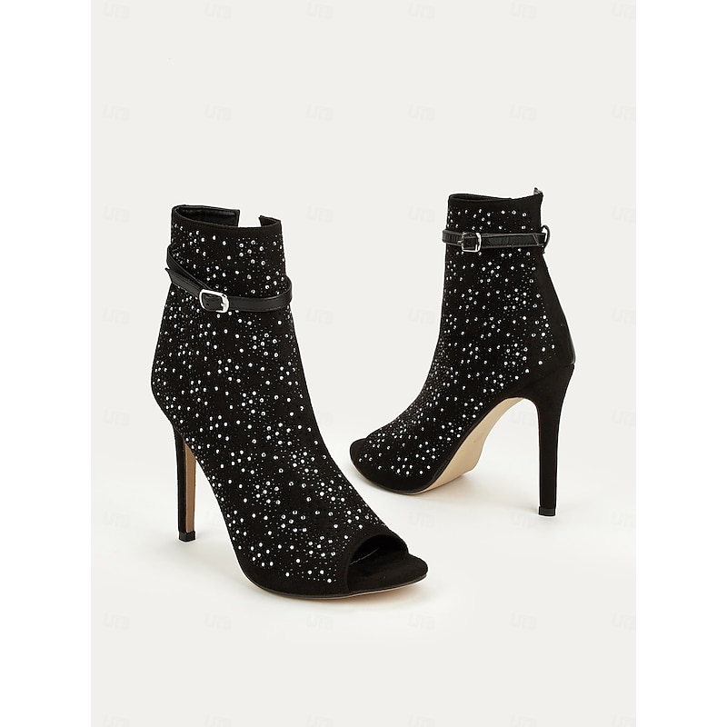 Glamorous Women's Black Rhinestone Ankle Boots with High Heel – Elegant Evening Footwear with Buckle Detail2