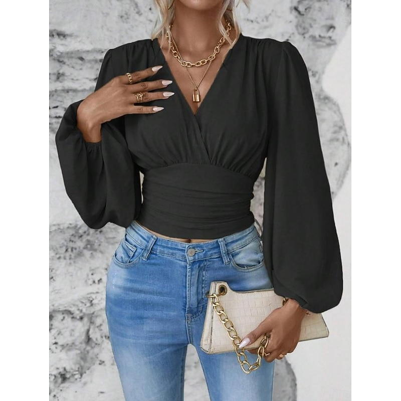 Women's Blouse Stylish Modern Solid Color Ruched Bell Sleeve Long Sleeve V Neck Work Daily Black White Pink Green Spring Fall Winter4
