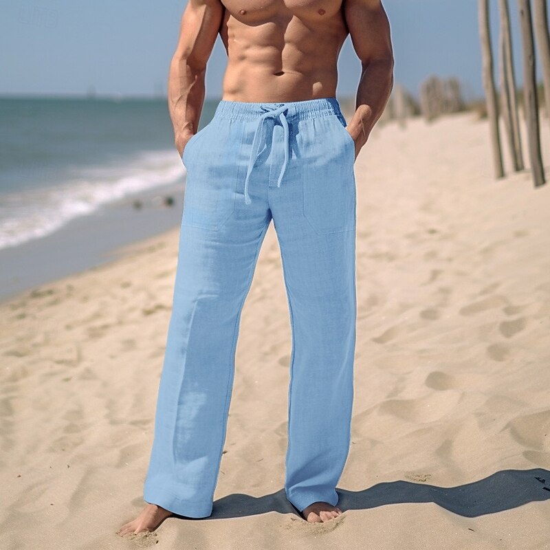 Men's Trousers Summer Pants Beach Pants Drawstring Elastic Waist Straight Leg Plain Comfort Breathable Casual Daily Holiday Fashion Classic Style Black White3