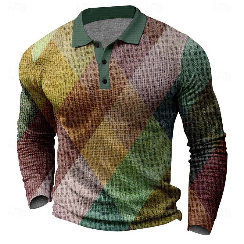 Men's Plaid Golf Shirt Long Sleeve Polo Shirts Collared Shirts Vintage Casual Vacation Wear Formal Wear Festival Wear Buttons 3D Print Spring Fall Winter Red Green4