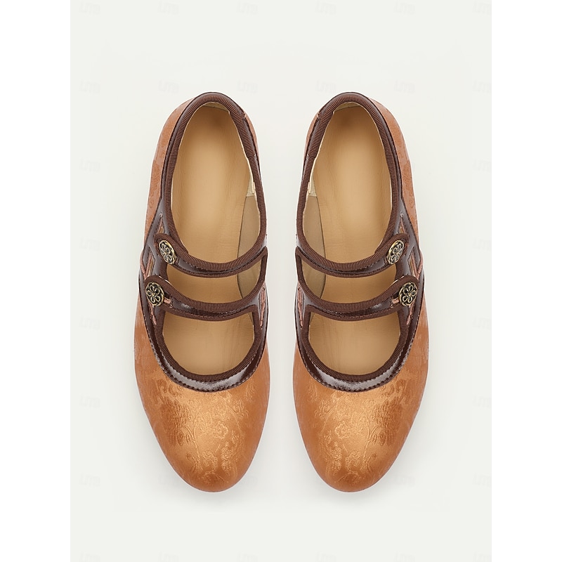 Women's Elegant Vintage Gatsby T-Strap Mid-Heel Pumps-Bronze Mary Jane Shoes with Floral Button for Oktoberfest, Formal, and Casual Wear4