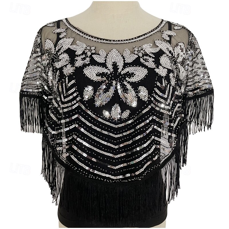 Vintage Glamour Shawl - Breathable, Sequin-Embellished, Tassel-Trimmed, Elegant Flapper Style with Matching Coat for Women's Evening Wear - Thin, Short, Smock Design, Perfect for Formal Occasions3