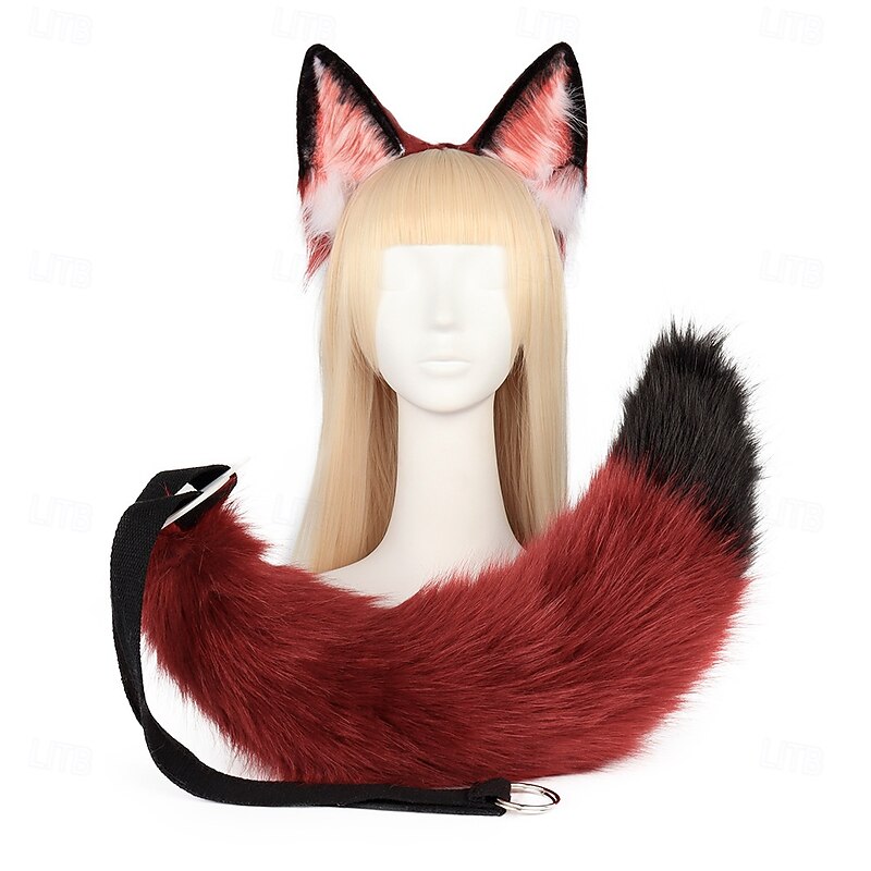 Animal Cosplay Costumes Faux Fur Cat Fox Wolf Furry Tail and Ears Headband for Carnival Party Costume Accessories3