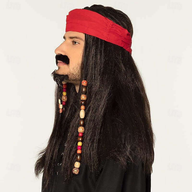 Pirate Jack Sparrow Style Wig with Beard Halloween Cosplay Party Wigs2