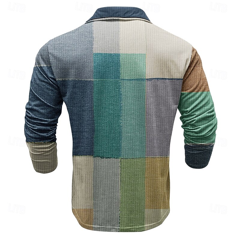 Men's Plaid Golf Shirt Long Sleeve Polo Shirts Collared Shirts Vintage Casual Vacation Wear Formal Wear Festival Wear Buttons 3D Print Spring Fall Winter Black Blue3