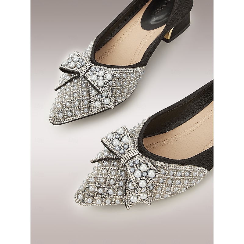 Women's Black Embellished Flats with Pearls and Rhinestones, Bow Detail, and Gold-Tipped Low Heel - Elegant Dress Shoes for Formal Occasions4