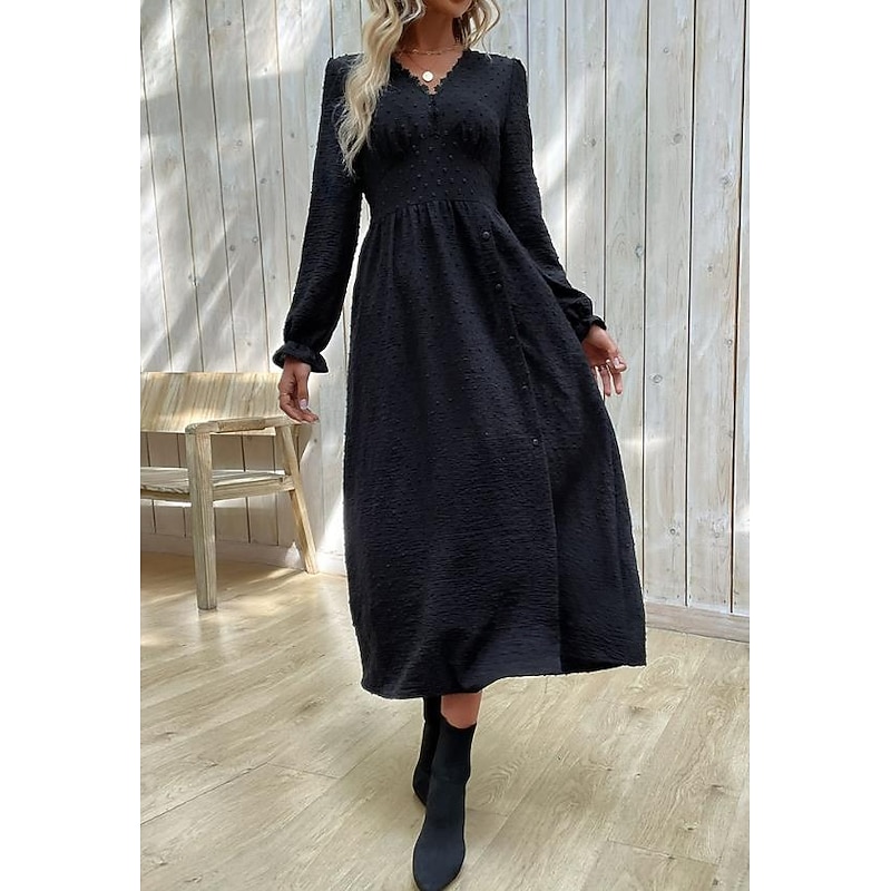 Women's Maxi Dress Black Dress Cocktail Dress Formal Dress Plain Dress Casual Street Date Loose Fit Plain Long Sleeve V Neck Black Spring Fall3