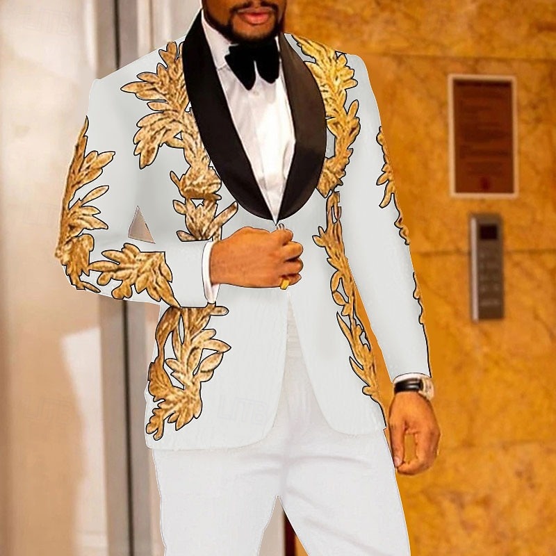 Men's Party Tuxedos Sparkle White Yellow Floral Print Standard Fit 2 Piece Single Breasted One-button4