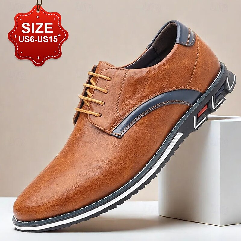 Men's Tan Faux Leather Oxford Shoes with Contrast Stitching and Rubber Sole, Stylish and Comfortable for Casual and Dressy Occasions