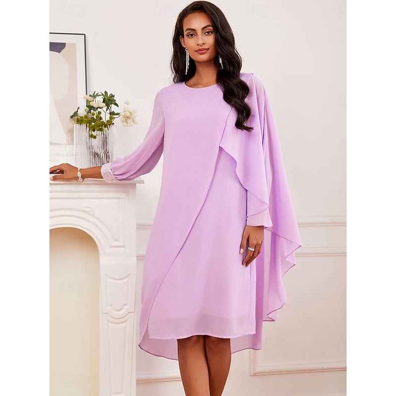 Women's Wedding Guest Cocktail Dress Chiffon Plain Ruffle Flowy Elegant Vintage Summer Midi Dress Crew Neck Flutter Sleeve2