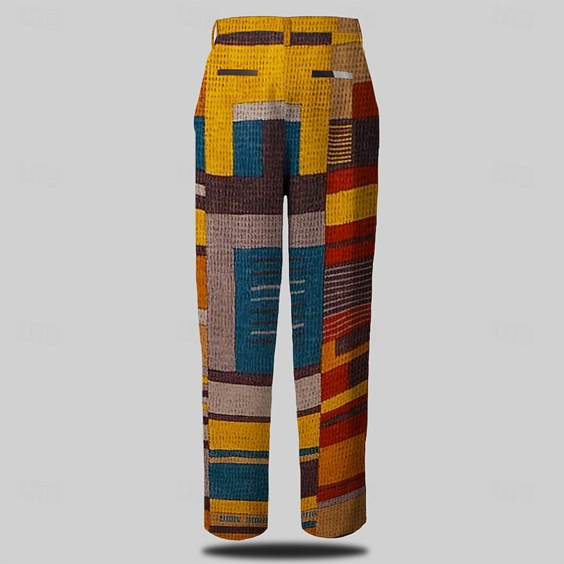 Men's Dress Pants Buttons Pocket 3D Print Plaid Color Block Patchwork Full Length Business Casual Vintage Orange Inelastic2