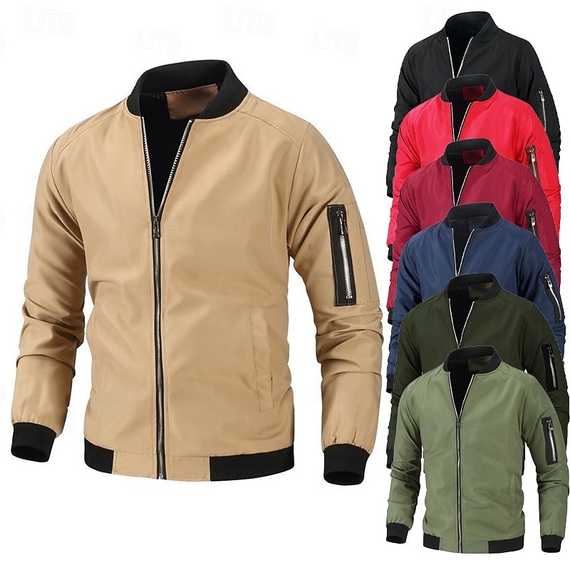 Men's Lightweight Jacket Bomber Jacket Casual Jacket Daily Vacation Pocket Spring &  Fall Plain Fashion Classic Stand Collar Regular Black Wine Dark Red Red Navy Blue Jacket