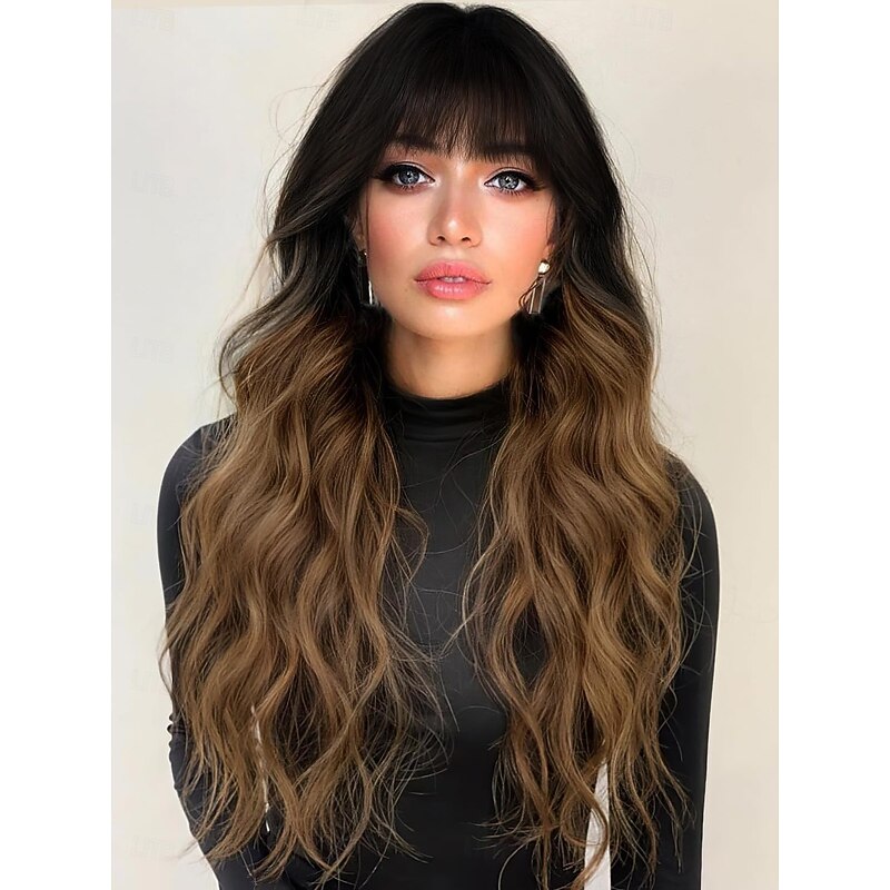Wig with Bangs  Long Wavy Wig for Women Synthetic Hair Wig for Daily Party Use