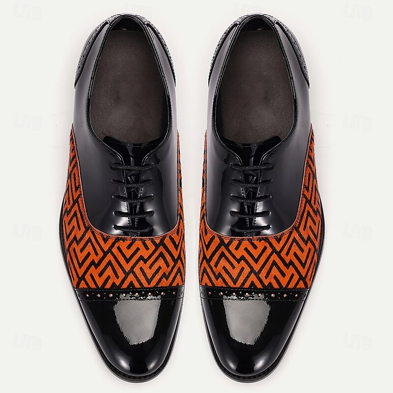 Men's Black Patent Cowhide Leather and Pony Hair Dress Shoes with Geometric Pattern - Stylish Oxford Shoes for Formal Events2