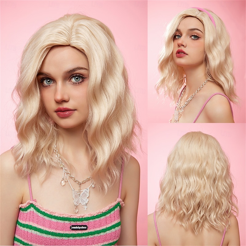 Synthetic Wig Uniforms Career Costumes Princess Curly Wavy Middle Part Layered Haircut Machine Made Wig 14 inch Light golden Synthetic Hair Women's Cosplay Party Fashion Blonde - Main Image